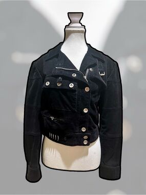 Kensie Jeans Black Button and Buckle Front Utility Jacket with Asymmetrical Zip